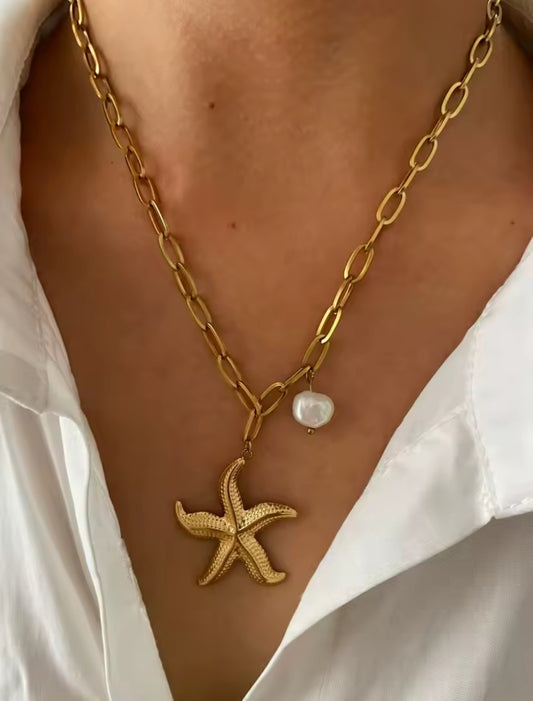 Starfish & pearl paperclip necklace